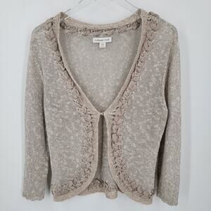 Coldwater Creek Cardigan Womens Small Beige Linen Blend Ribbon Detail Open Knit